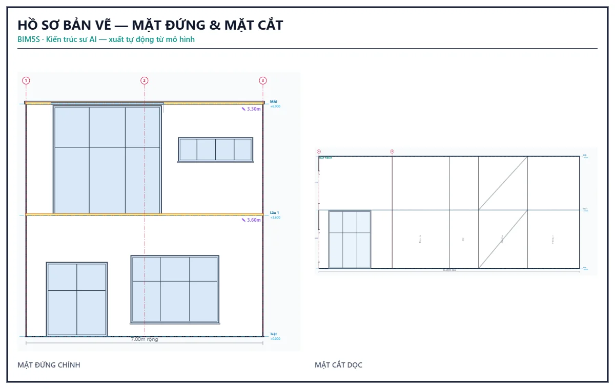 Hồ sơ bản vẽ mặt đứng và mặt cắt có level, cao độ