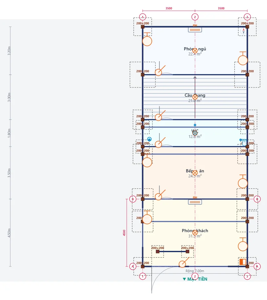 Mặt bằng có cột 200x200, dầm, móng và thiết bị điện nước do máy tự bố trí